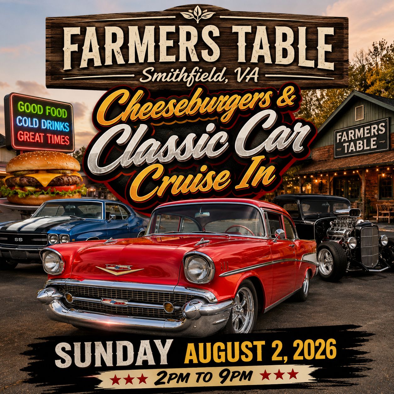 Cheeseburgers & Classic Car Cruise in at Farmers Table event at Farmers Table in Smithfield, VA on August 2, 2026