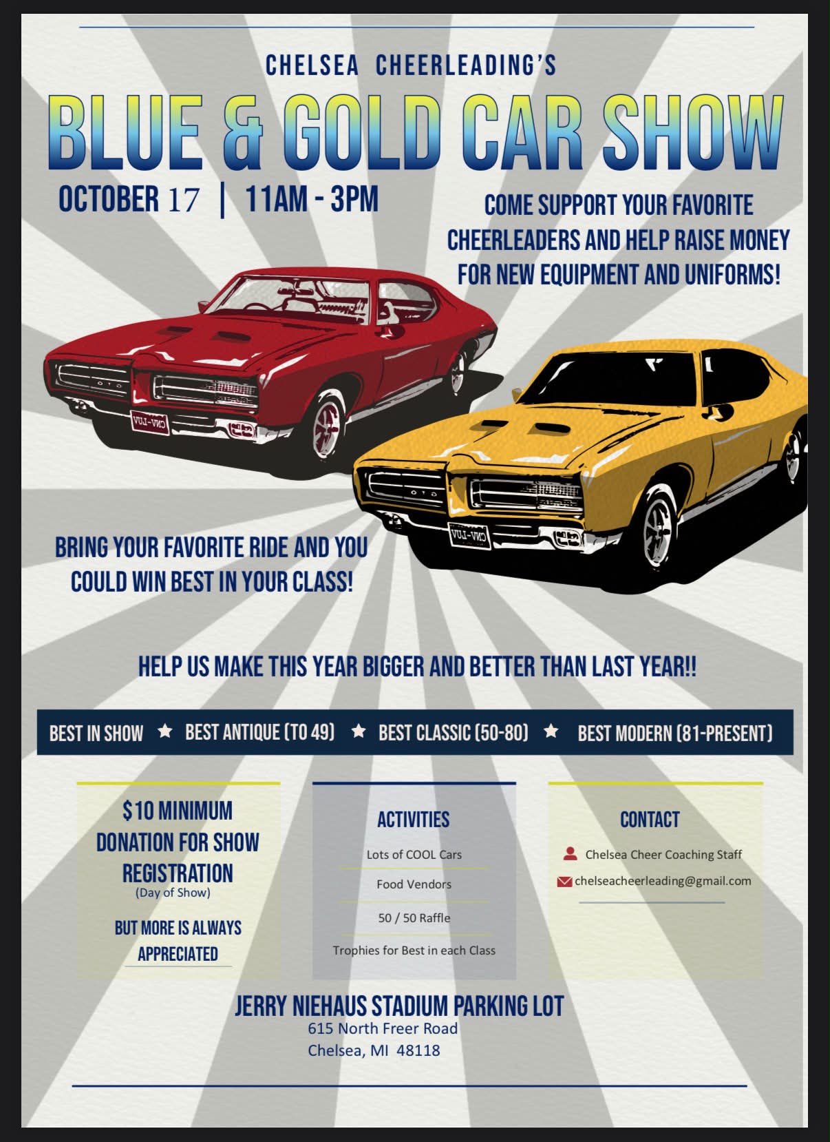 Chelsea Cheerleading's Blue & Gold Car Show event at Jerry Niehaus Stadium Parking Lot in Chelsea, MI on October 17, 2026