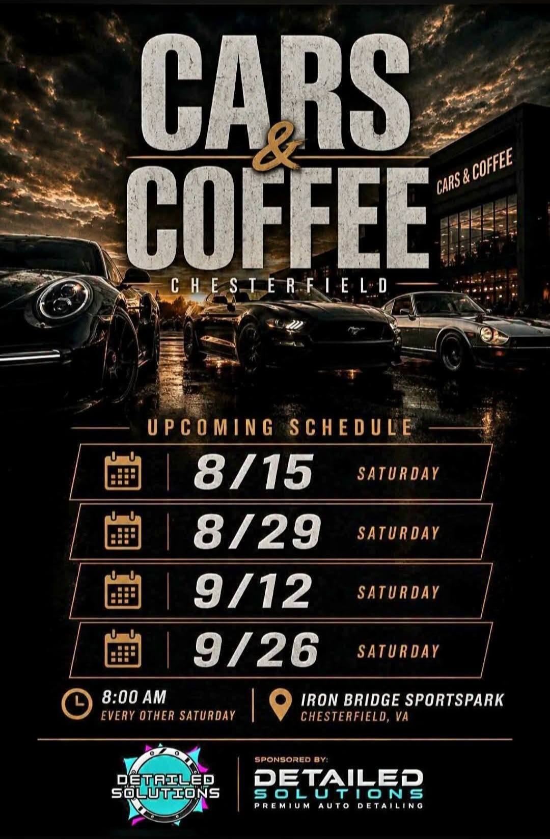 Chesterfield Cars & Coffee event at Iron Bridge Sportspark in Chesterfield, VA on August 29, 2026