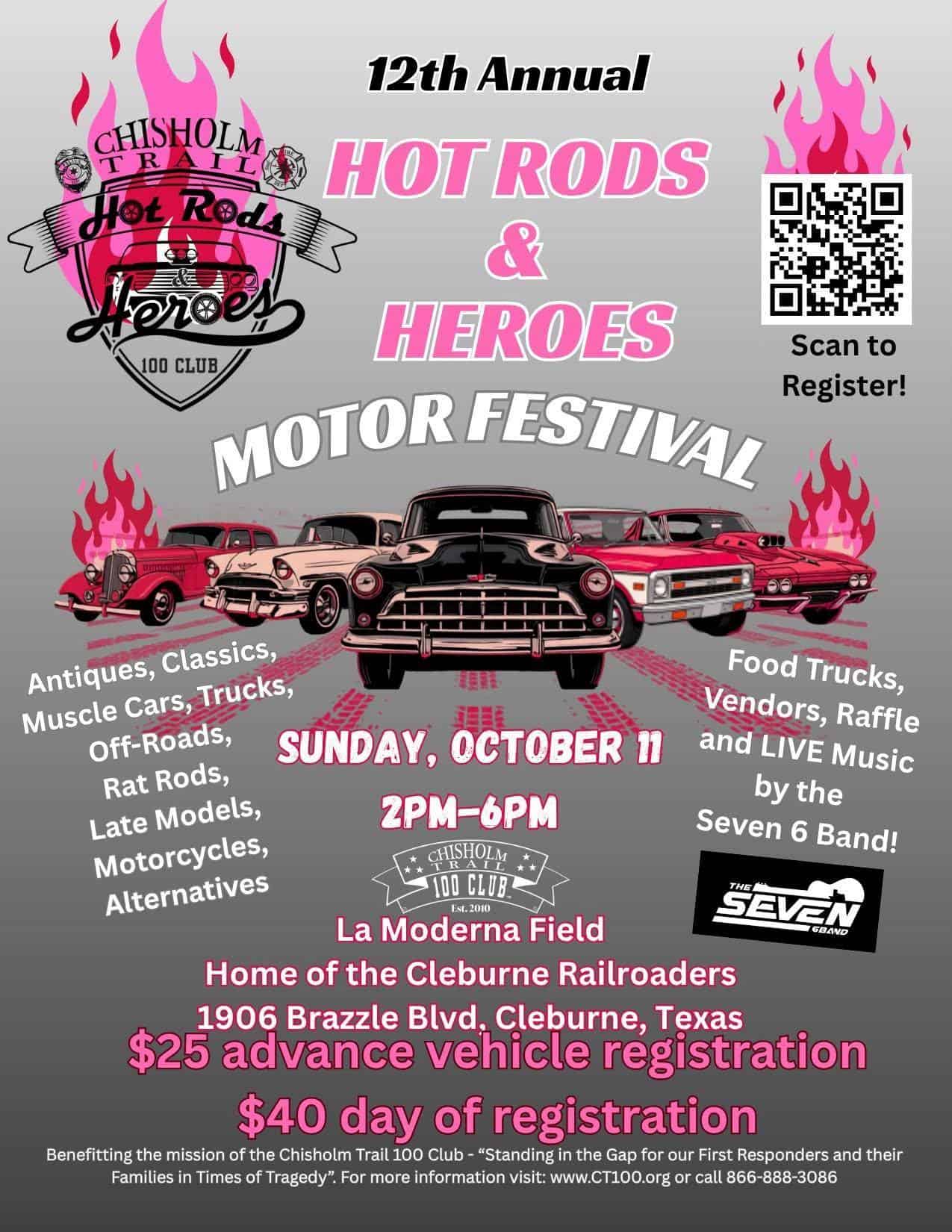 Chisholm Hot Rods and Heroes Motor Festival event at La Moderna Field in Cleburne, TX on October 11, 2026