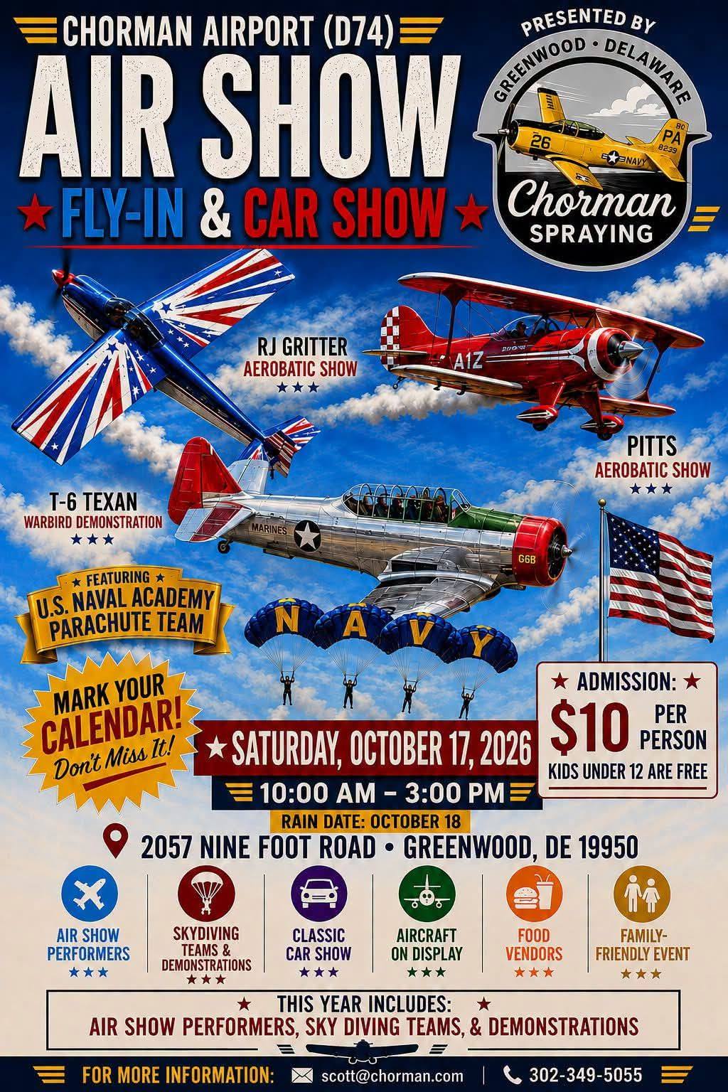Chorman Airport Air Show Fly-In & Car Show event at Chorman Airport (D74) in Greenwood, DE on October 17, 2026
