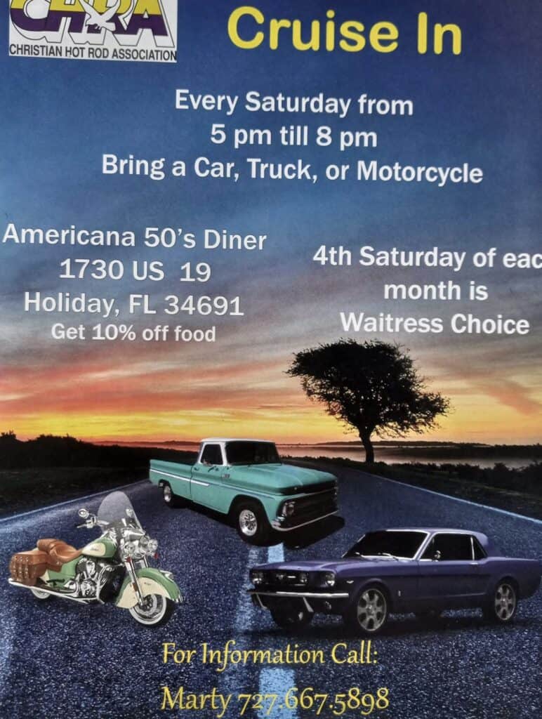 Christian Hot Rod Association Cruise in event at Americana 50's Diner in Holiday, FL on August 15, 2026