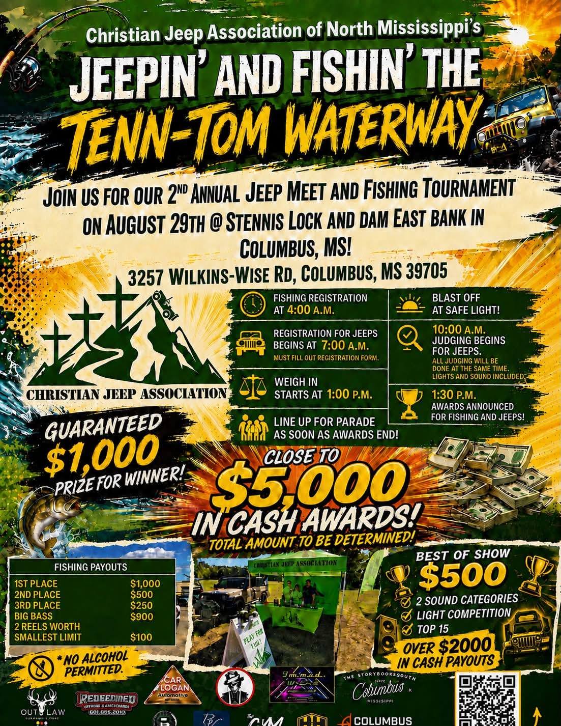 Christian Jeep Association of North Mississippi Jeepin' and Fishin' the Tenn-Tom Waterway event at Stennis Lock and Dam East Bank in Columbus, MS on August 29, 2026