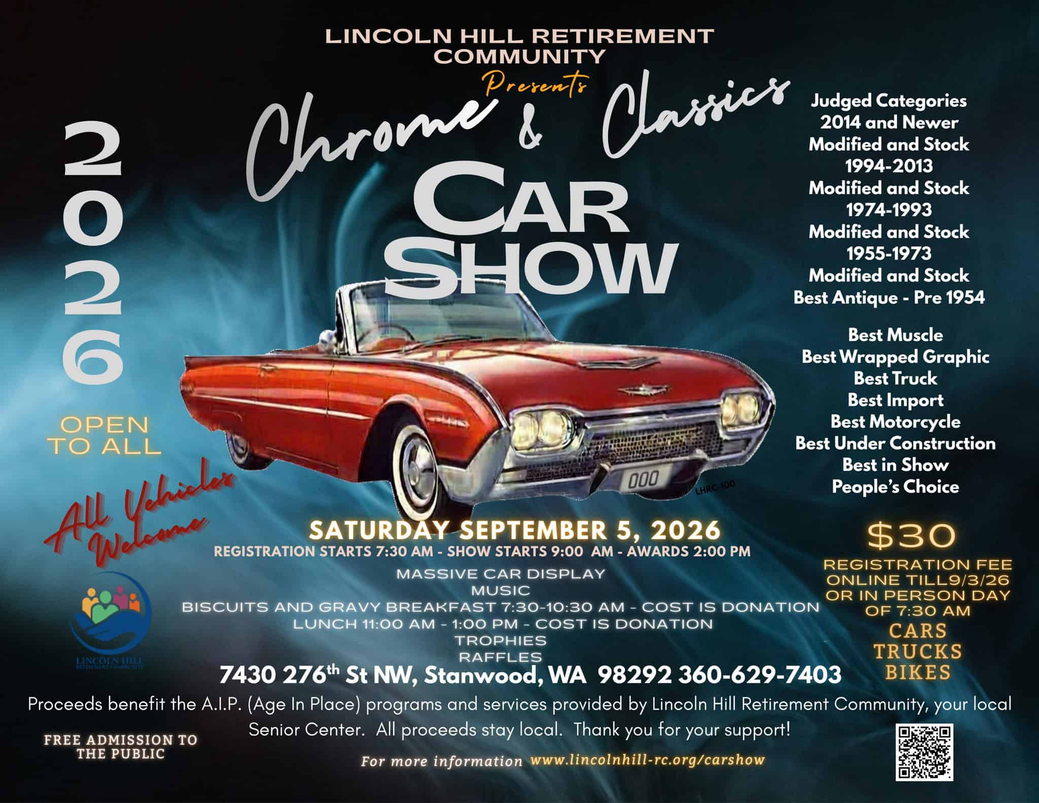 Chrome & Classics Car Show event at Lincoln Hill Retirement Community & Senior Center in Stanwood, WA on September 5, 2026