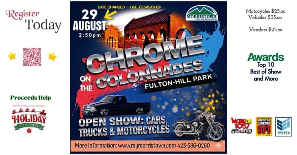 Chrome on the Colonnades event at Fulton-Hill Park in Morristown, TN on August 29, 2026