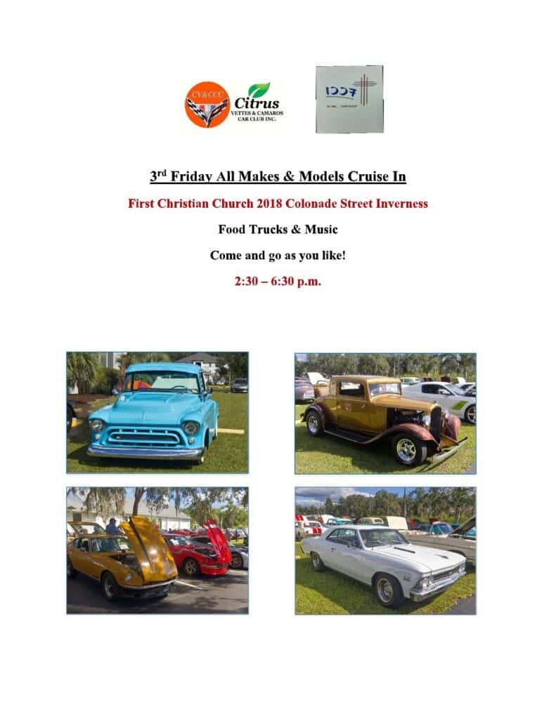 Citrus Vettes & Camaros Car Club 3rd Friday All Makes & Models Cruise in event at First Christian Church in Inverness, FL on August 21, 2026