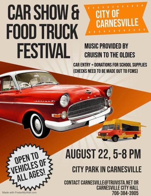 City of Carnesville Car Show & Food Truck Festival event at City Park in Carnesville, GA on August 22, 2026