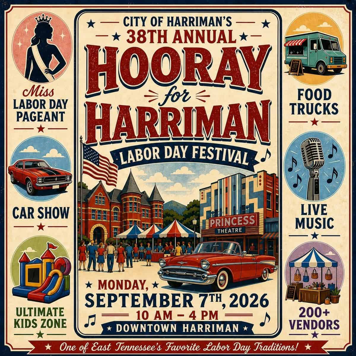 City of Harriman's 38th Annual Hooray for Harriman Labor Day Festival event at Downtown Harriman in Harriman, TN on September 7, 2026