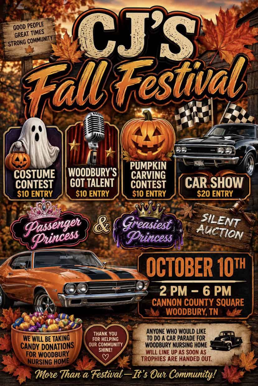 CJ's Fall Festival event at Cannon County Square in Woodbury, TN on October 10, 2026