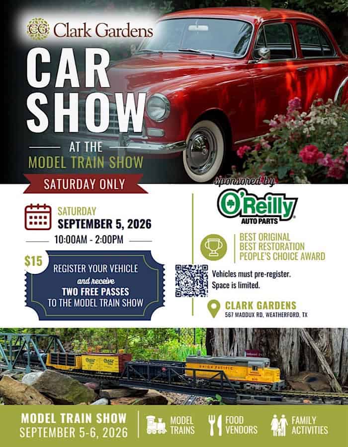 Clark Gardens Car Show event at Clark Gardens in Weatherford, TX on September 5, 2026