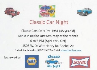 Classic Car Night @ Sonic in Beebe event at Sonic in Beebe, AR on August 29, 2026