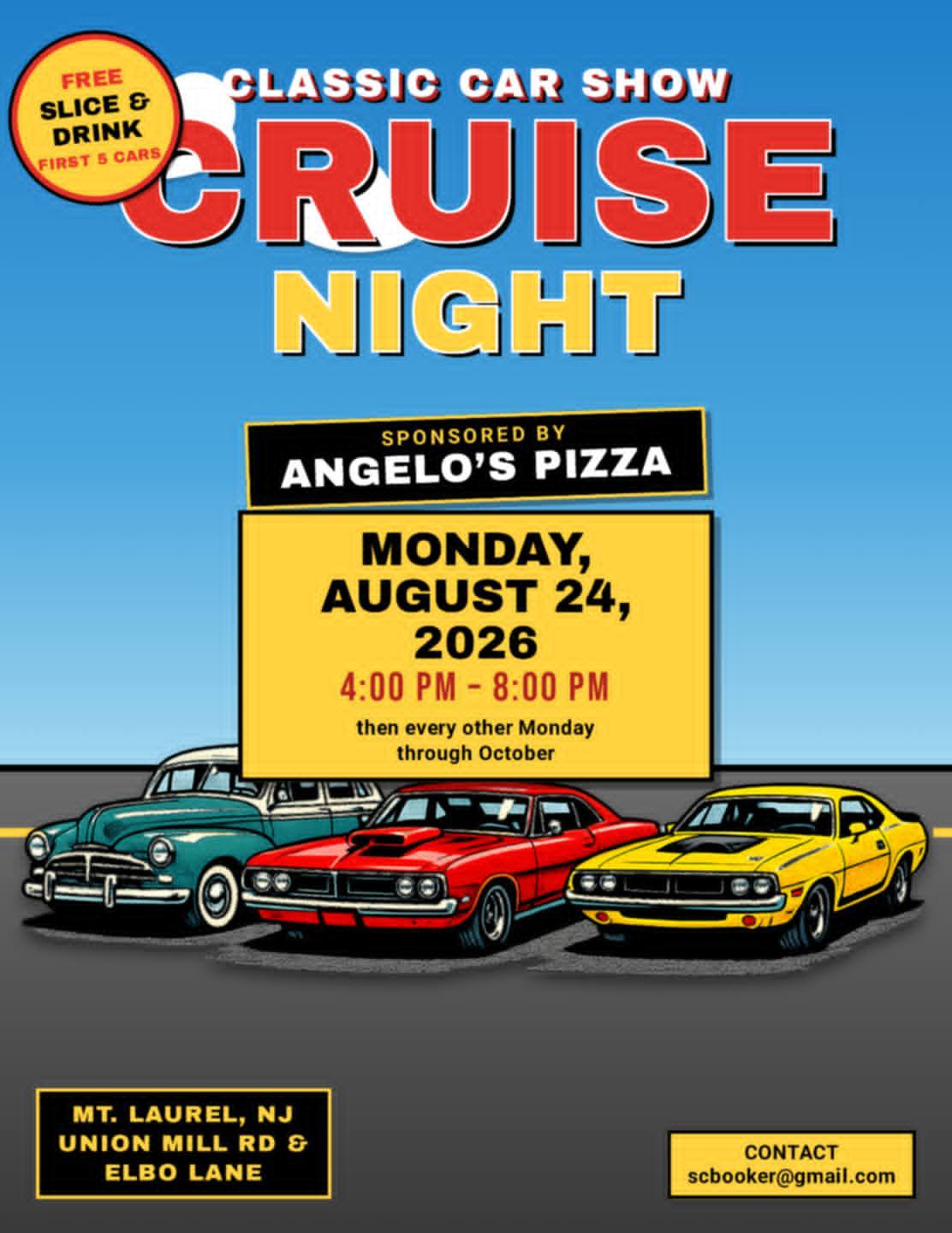 Classic Car Show Cruise Night event at Union Mill Rd & Elbo Lane in Mt. Laurel, NJ on August 24, 2026