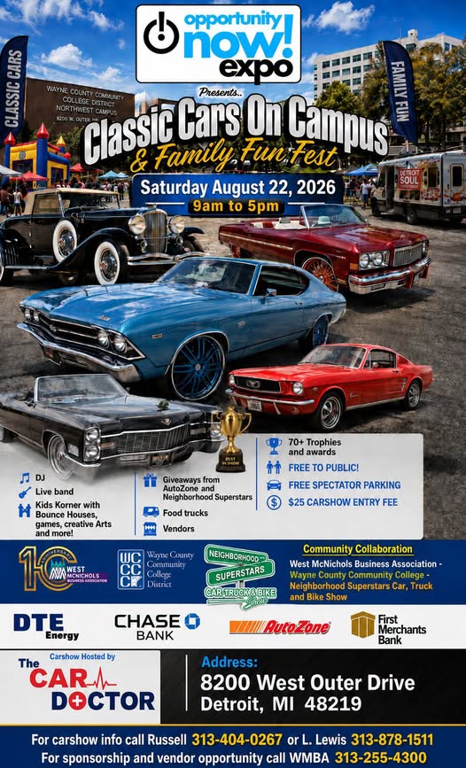 Classic Cars on Campus & Family Fun Fest event at Wayne County Community College District Northwest Campus in Detroit, MI on August 22, 2026