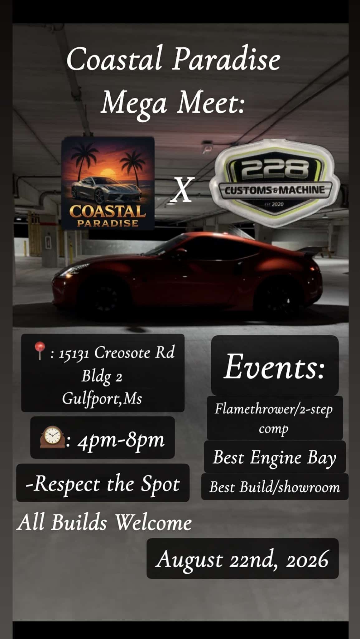 Coastal Paradise Mega Meet event at 228 Customs & Machine in Gulfport, MS on August 22, 2026