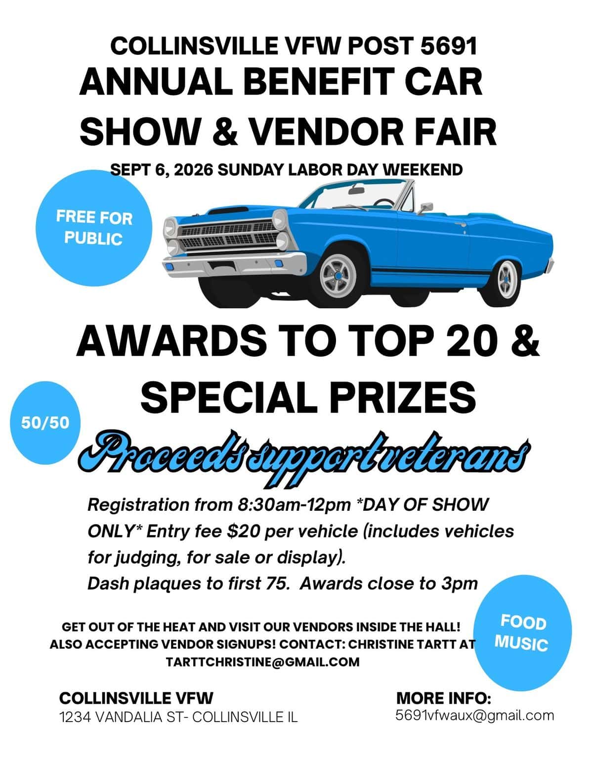 Collinsville VFW Post 5691 Annual Benefit Car Show & Vendor Fair event at Collinsville VFW in Collinsville, IL on September 6, 2026