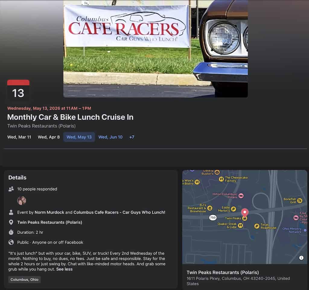 Columbus Cafe Racers Monthly Car & Bike Lunch Cruise in event at Twin Peaks Restaurants (Polaris) in Columbus, OH on September 9, 2026