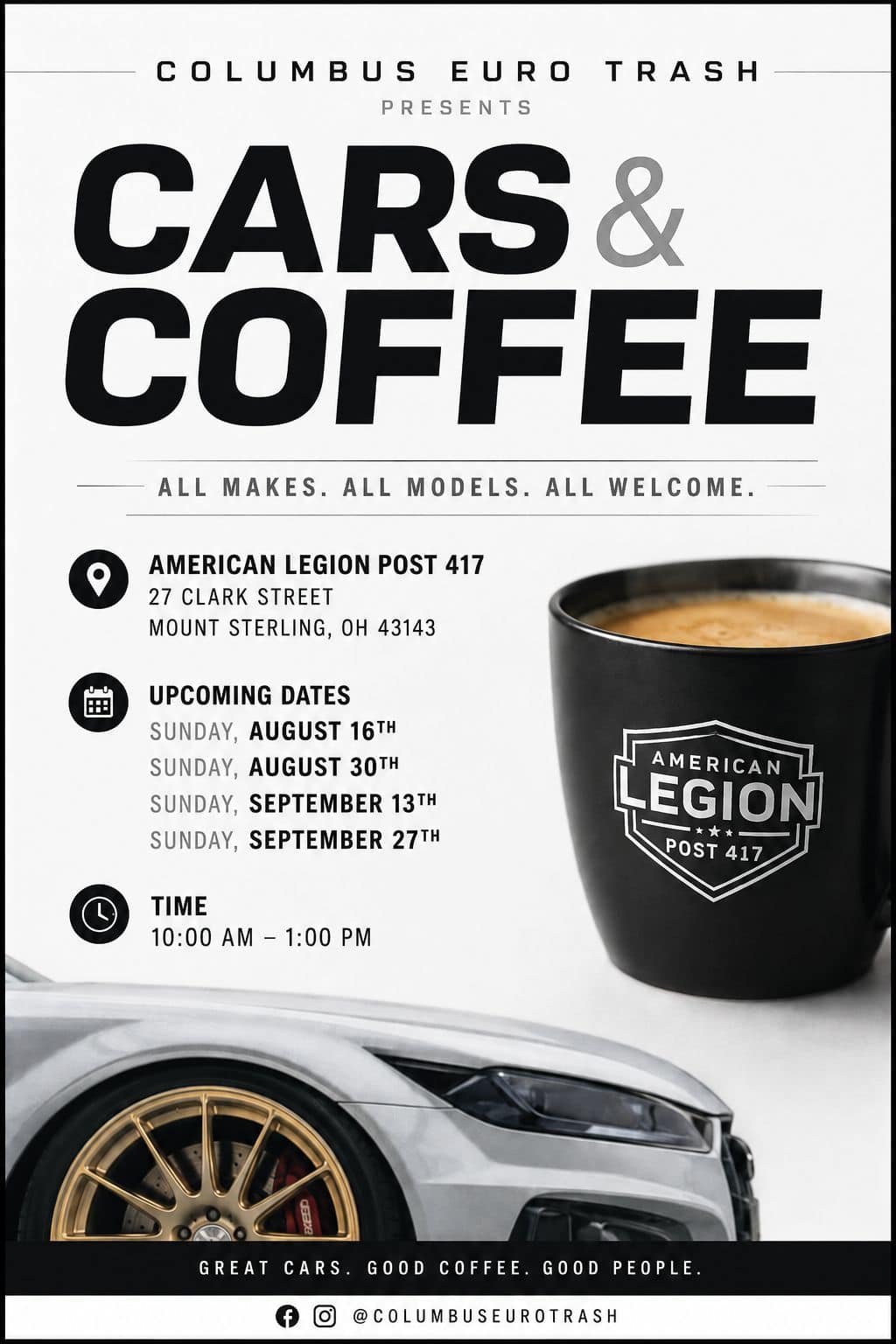 Columbus Euro Trash Cars & Coffee event at American Legion Post 417 in Mount Sterling, OH on August 16, 2026