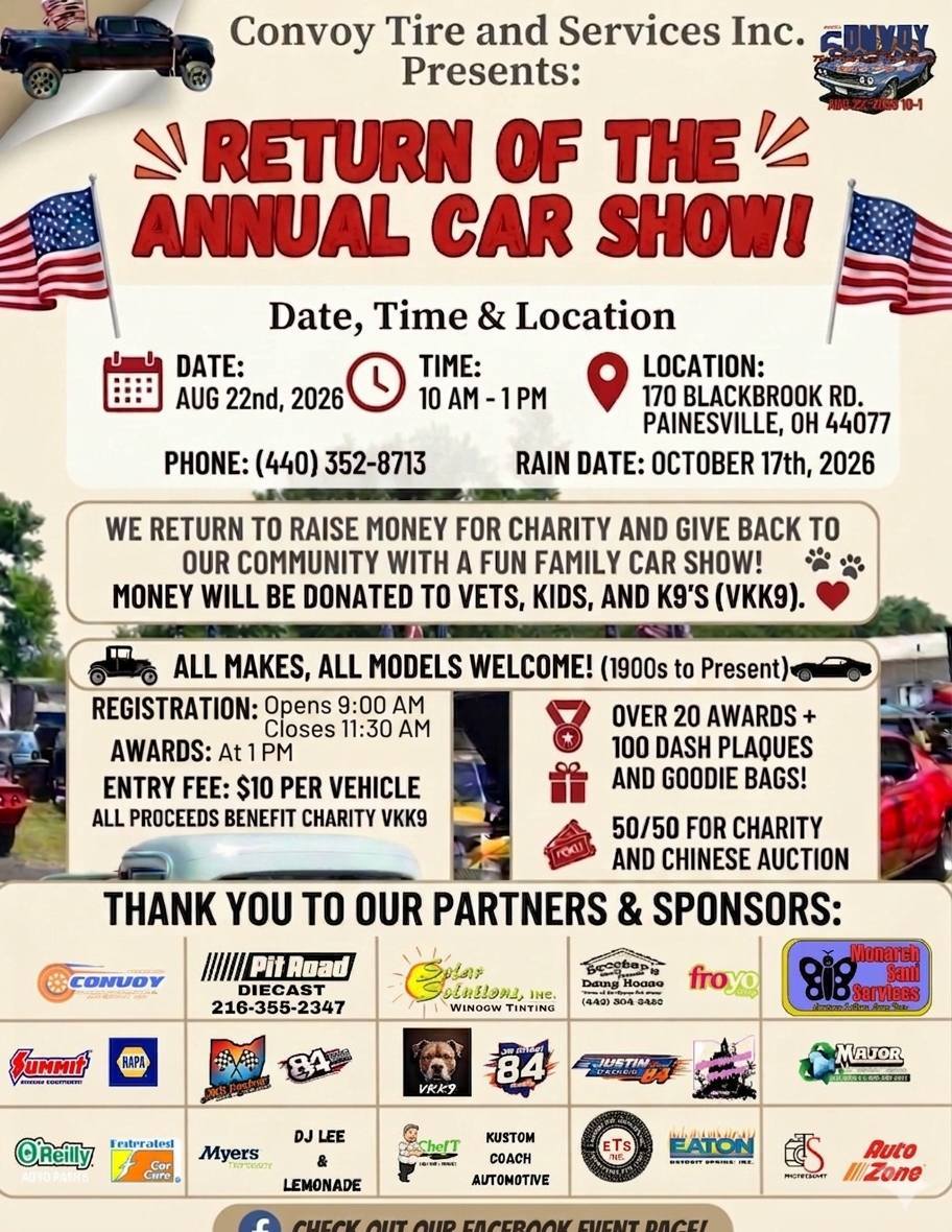 Convoy Tire and Services Inc. Annual Car Show event at Convoy Tire and Services Inc. in Painesville, OH on August 22, 2026