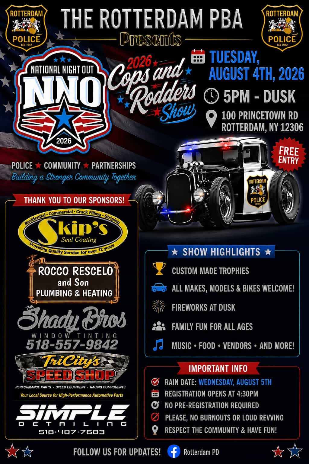 Cops and Rodders Show event at 100 Princetown Rd in Rotterdam, NY on August 4, 2026