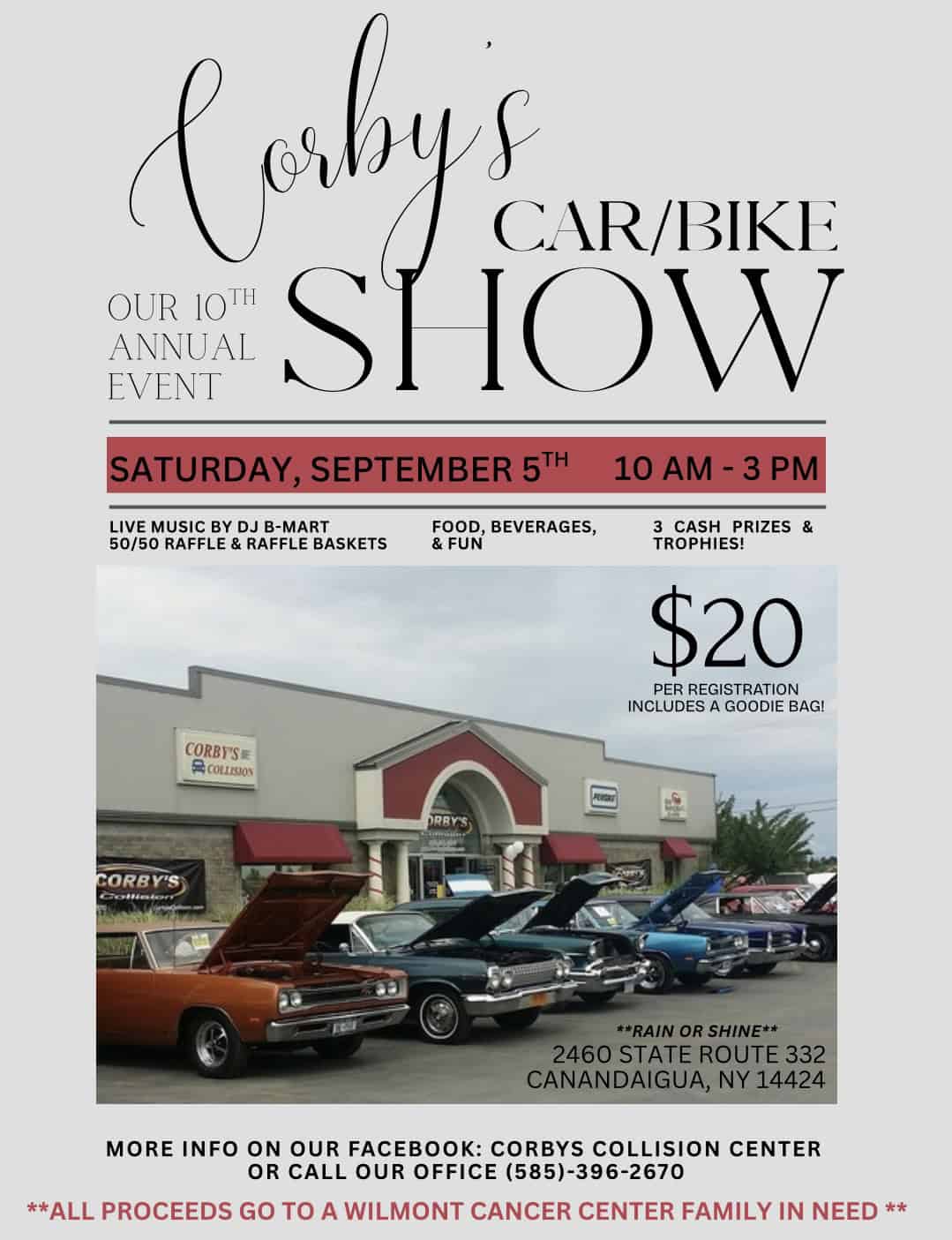 Corby's Car/Bike Show event at Corby's Collision Center in Canandaigua, NY on September 5, 2026