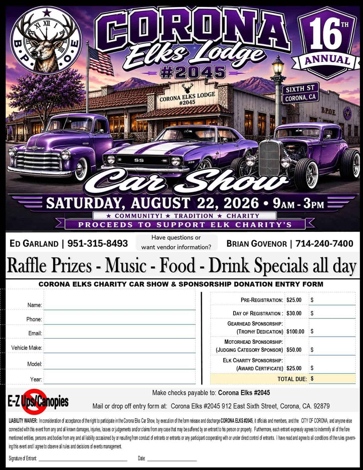 Corona Elks Lodge #2045 16th Annual Car Show event at Corona Elks Lodge #2045 in Corona, CA on August 22, 2026