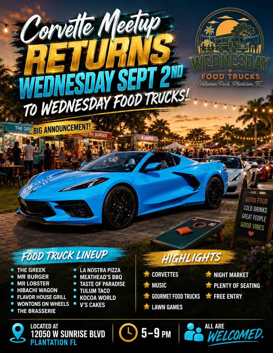 Corvette Meetup Returns to Wednesday Food Trucks event at Volunteer Park in Plantation, FL on September 2, 2026
