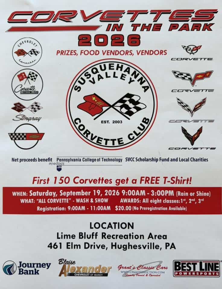 Corvettes in the Park 2026 event at Lime Bluff Recreation Area in Hughesville, PA on September 19, 2026