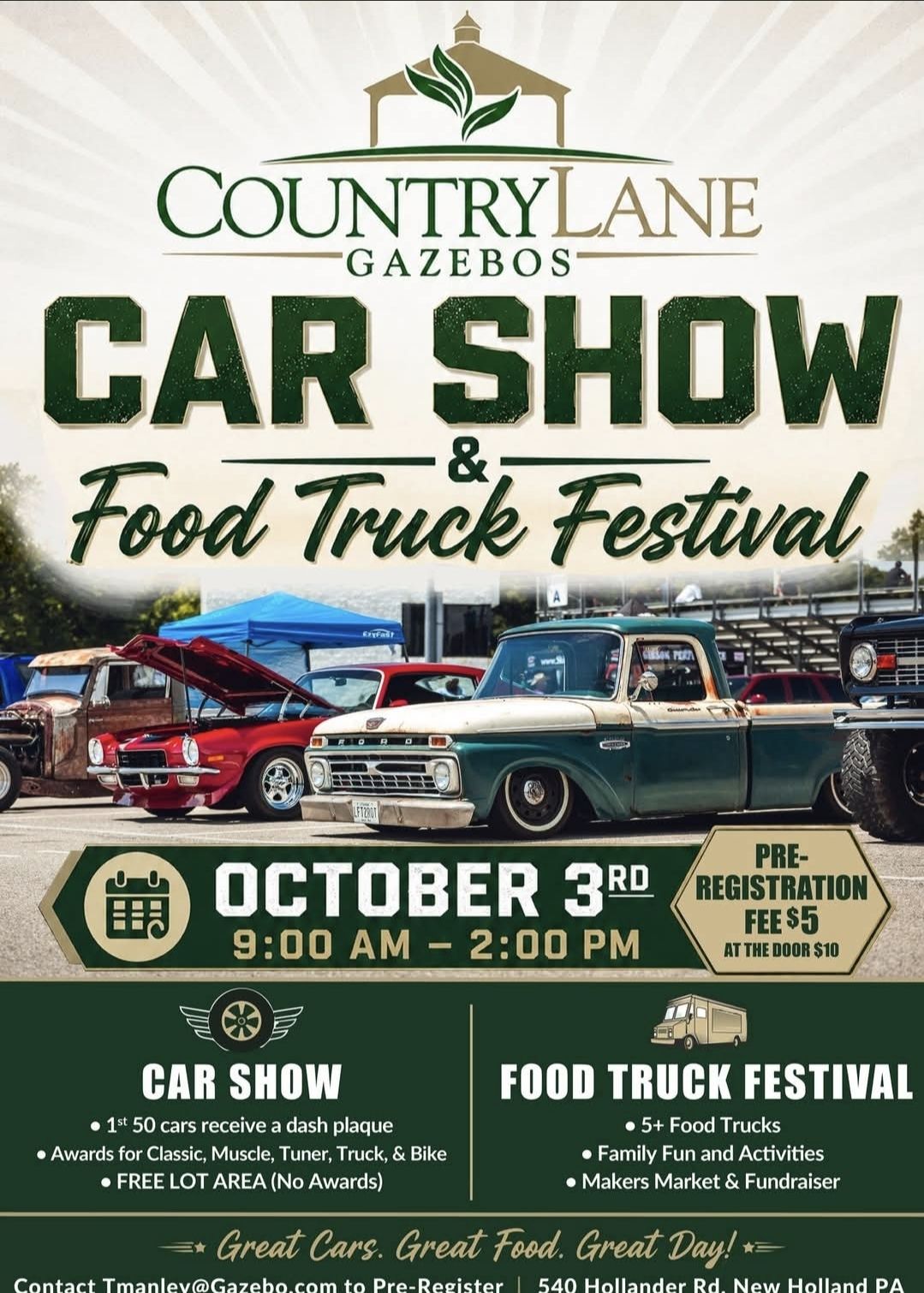 Country Lane Gazebos Car Show & Food Truck Festival event at Country Lane Gazebos in New Holland, PA on October 3, 2026