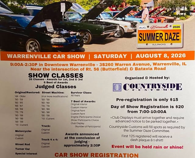 Countryside Customs Car Show event at Downtown Warrenville in Warrenville, IL on August 8, 2026