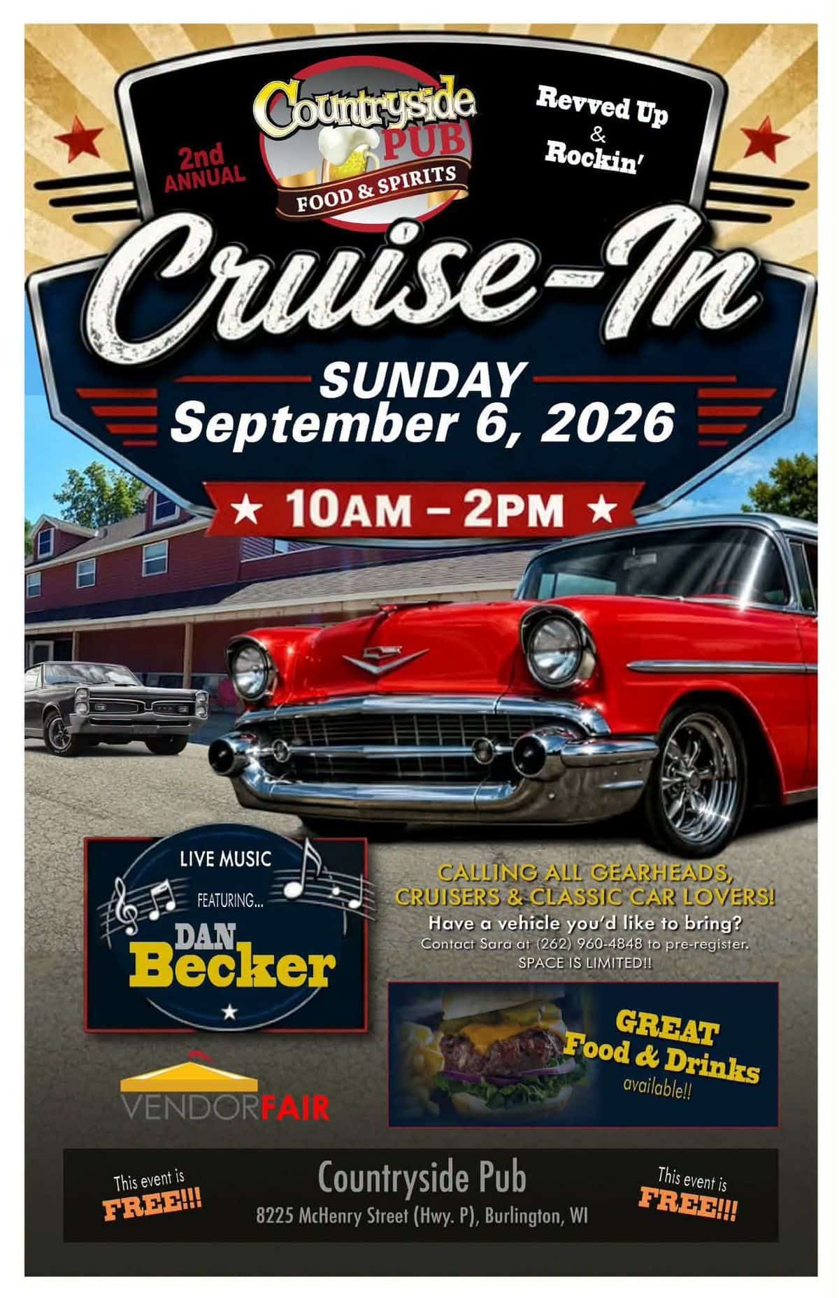 Countryside Pub Revved up & Rockin' Cruise-In event at Countryside Pub in Burlington, WI on September 6, 2026