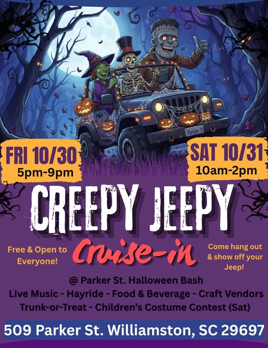 Creepy Jeepy Cruise-In event at Parker St. Halloween Bash in Williamston, SC on October 30, 2026