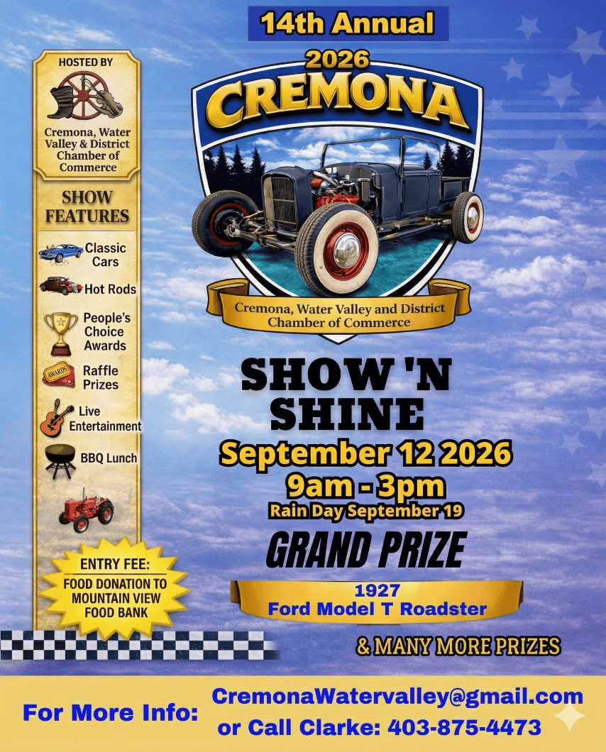Cremona Show 'n Shine event at Railway Avenue in Cremona, AB on September 12, 2026