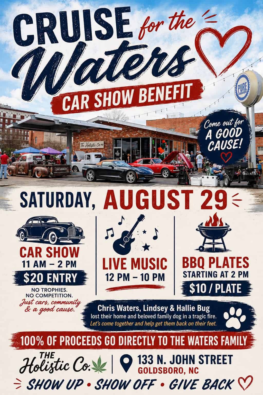Cruise for the Waters Car Show Benefit event at The Holistic Co. in Goldsboro, NC on August 29, 2026