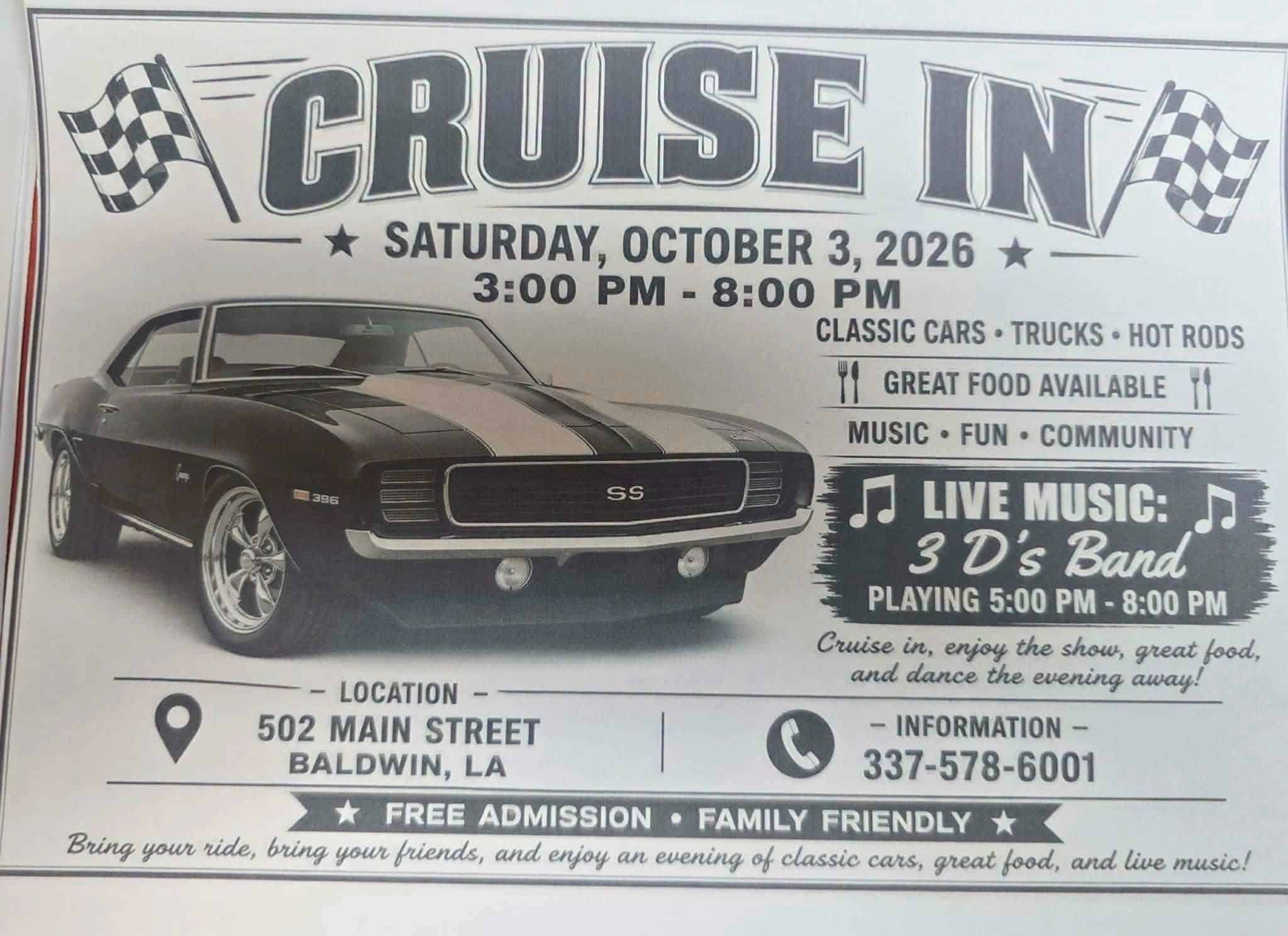 Cruise in @ 502 Main Street event at 502 Main Street in Baldwin, LA on October 3, 2026
