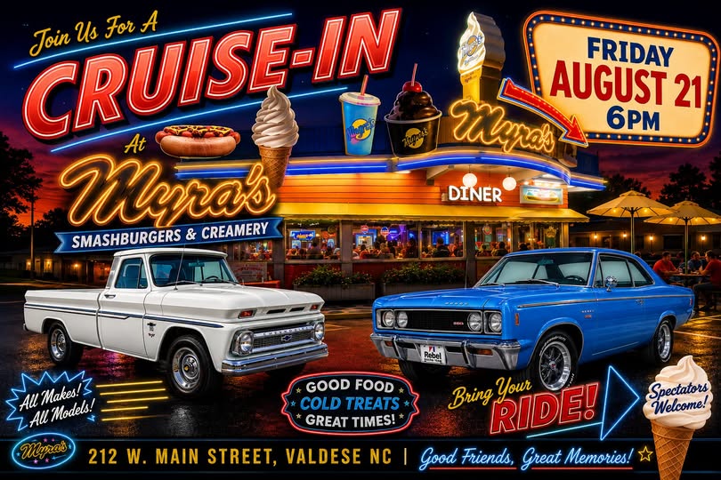Cruise-In at Myra's Smashburgers & Creamery event at Myra's Smashburgers & Creamery in Valdese, NC on August 21, 2026