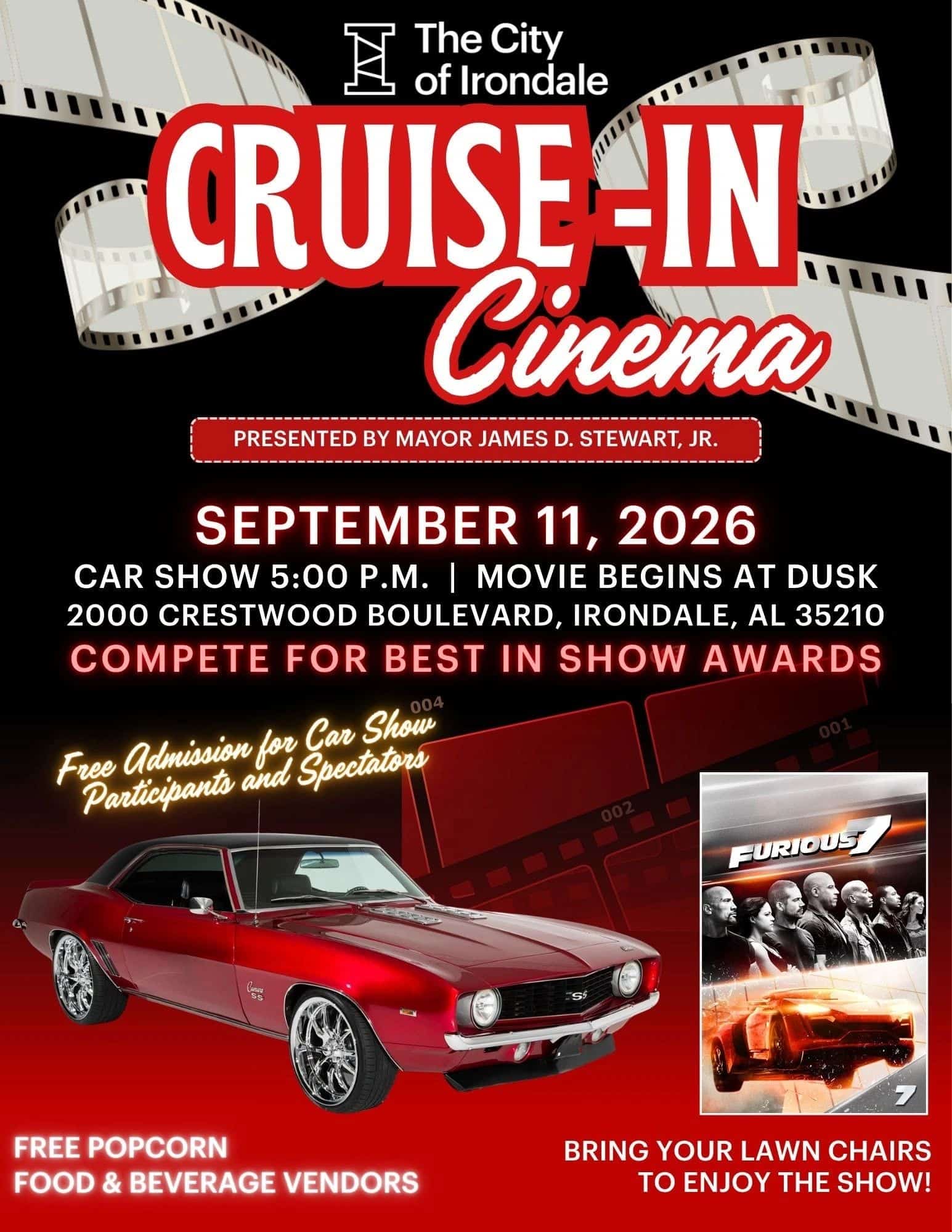 Cruise-In Cinema event at 2000 Crestwood Boulevard in Irondale, AL on September 11, 2026