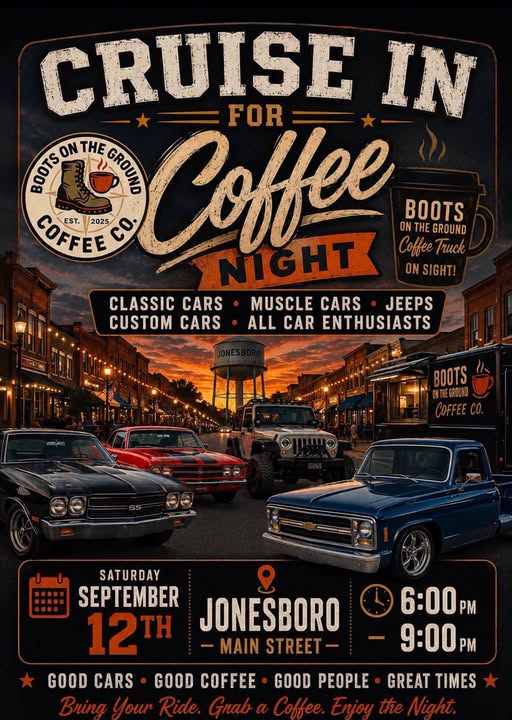 Cruise in for Coffee Night event at Main Street in Jonesboro, AR on September 12, 2026