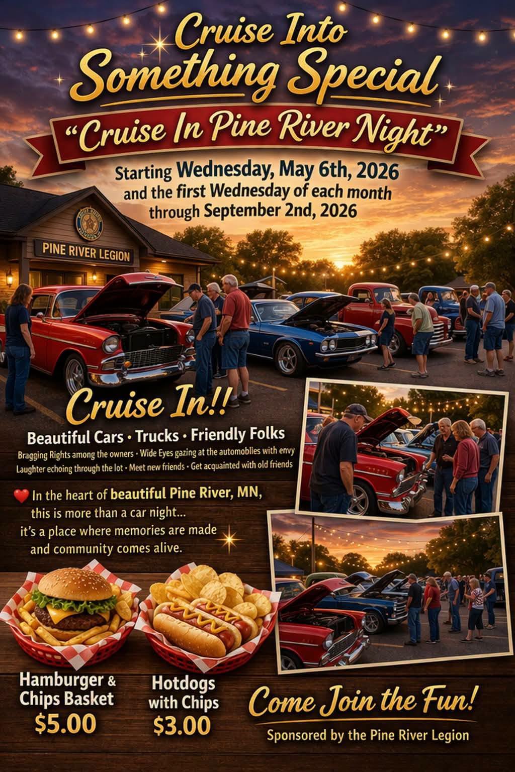 Cruise in Pine River Night event at Pine River Legion in Pine River, MN on September 2, 2026