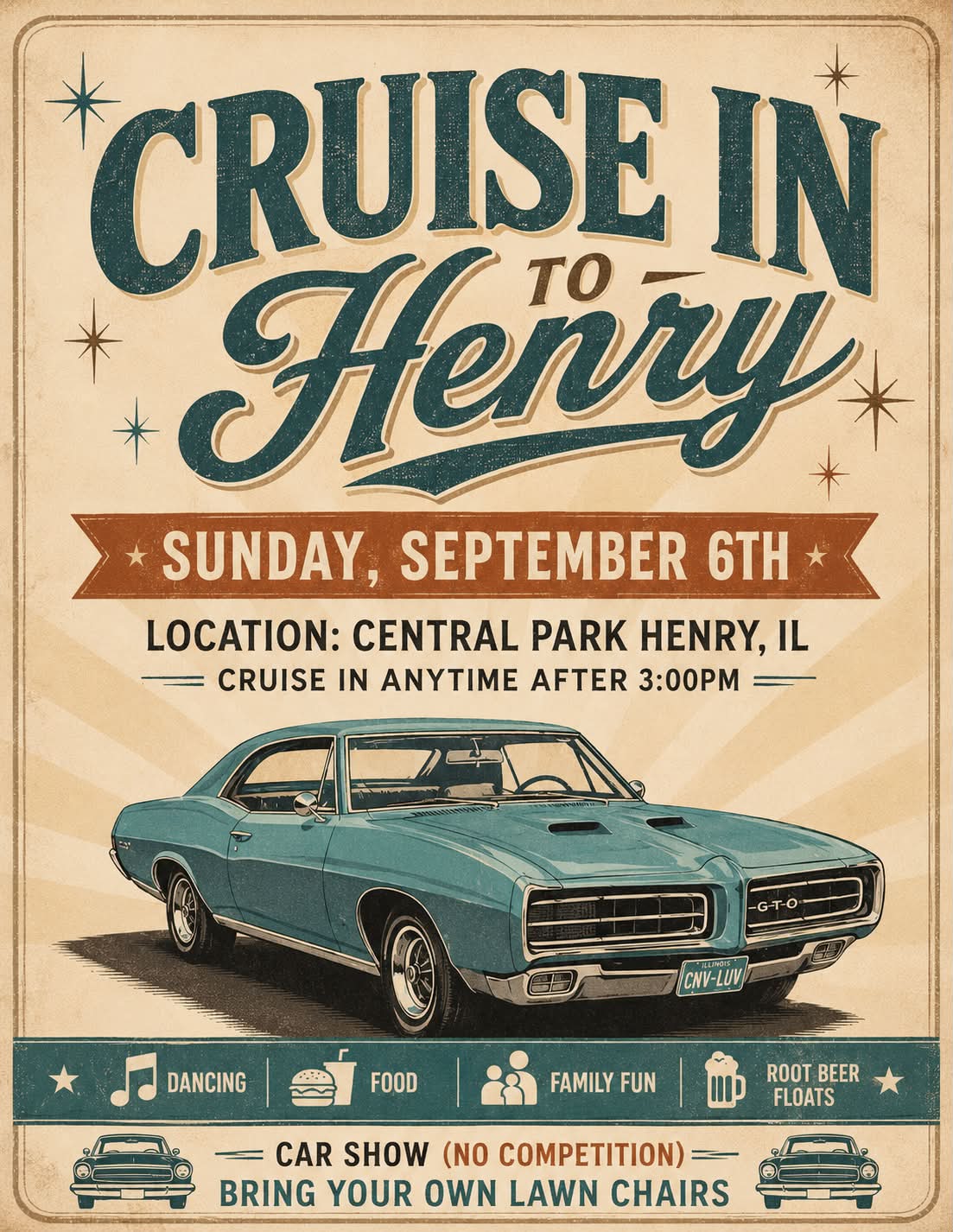 Cruise in to Henry event at Central Park in Henry, IL on September 6, 2026