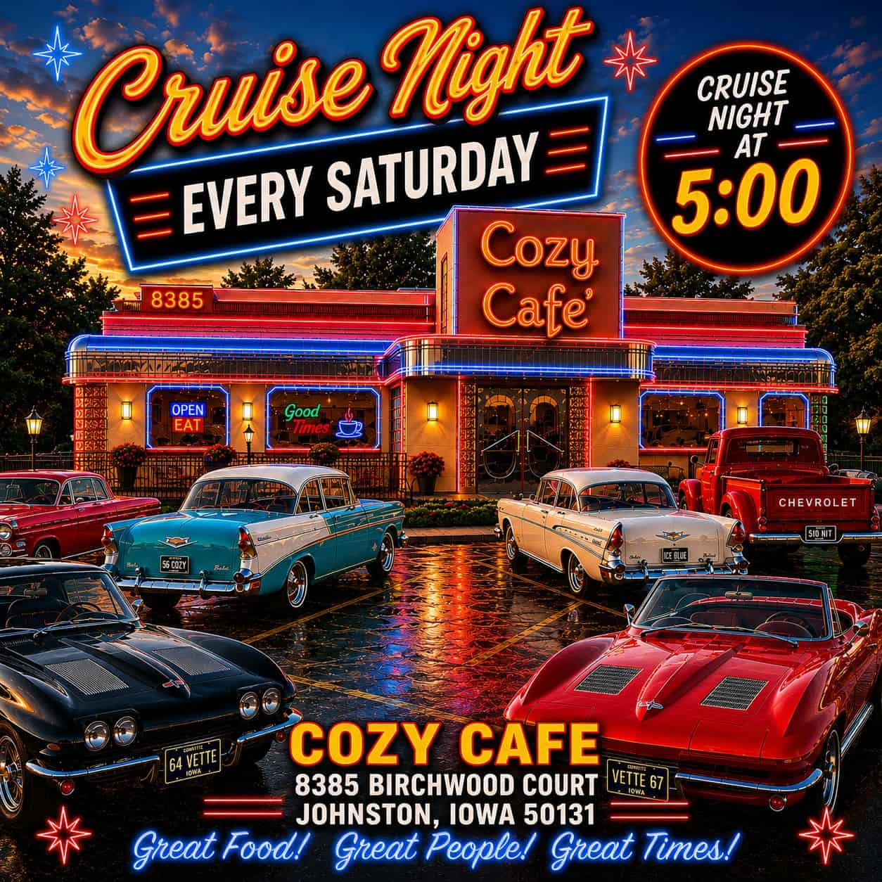 Cruise Night at Cozy Cafe event at Cozy Cafe in Johnston, IA on August 15, 2026