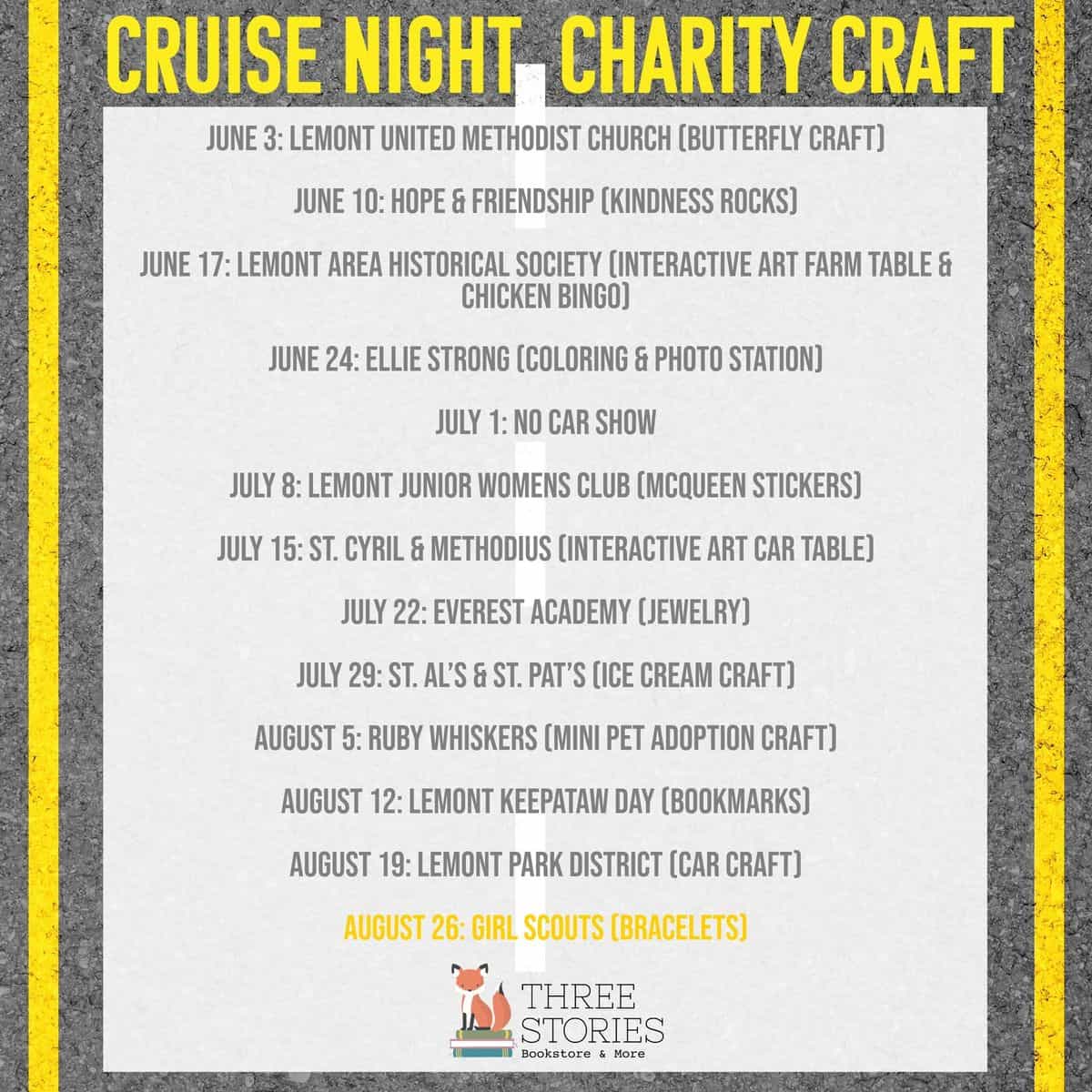 Cruise Night Charity Craft event at Three Stories Books in Lemont, IL on August 11, 2026