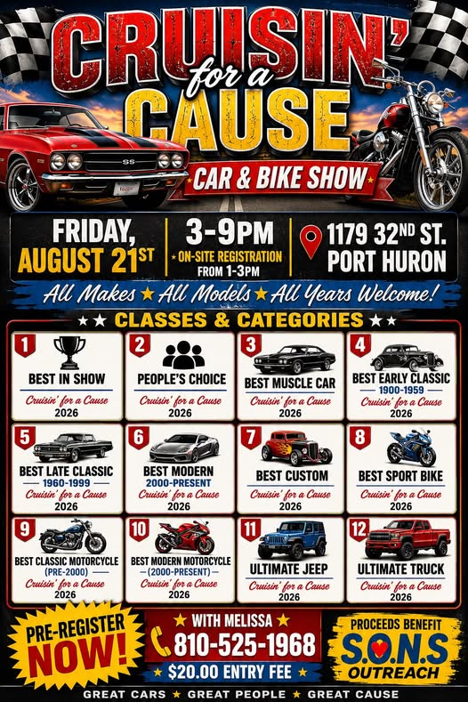 Cruisin' for a Cause Car & Bike Show event at 1179 32nd St. in Port Huron, MI on August 21, 2026