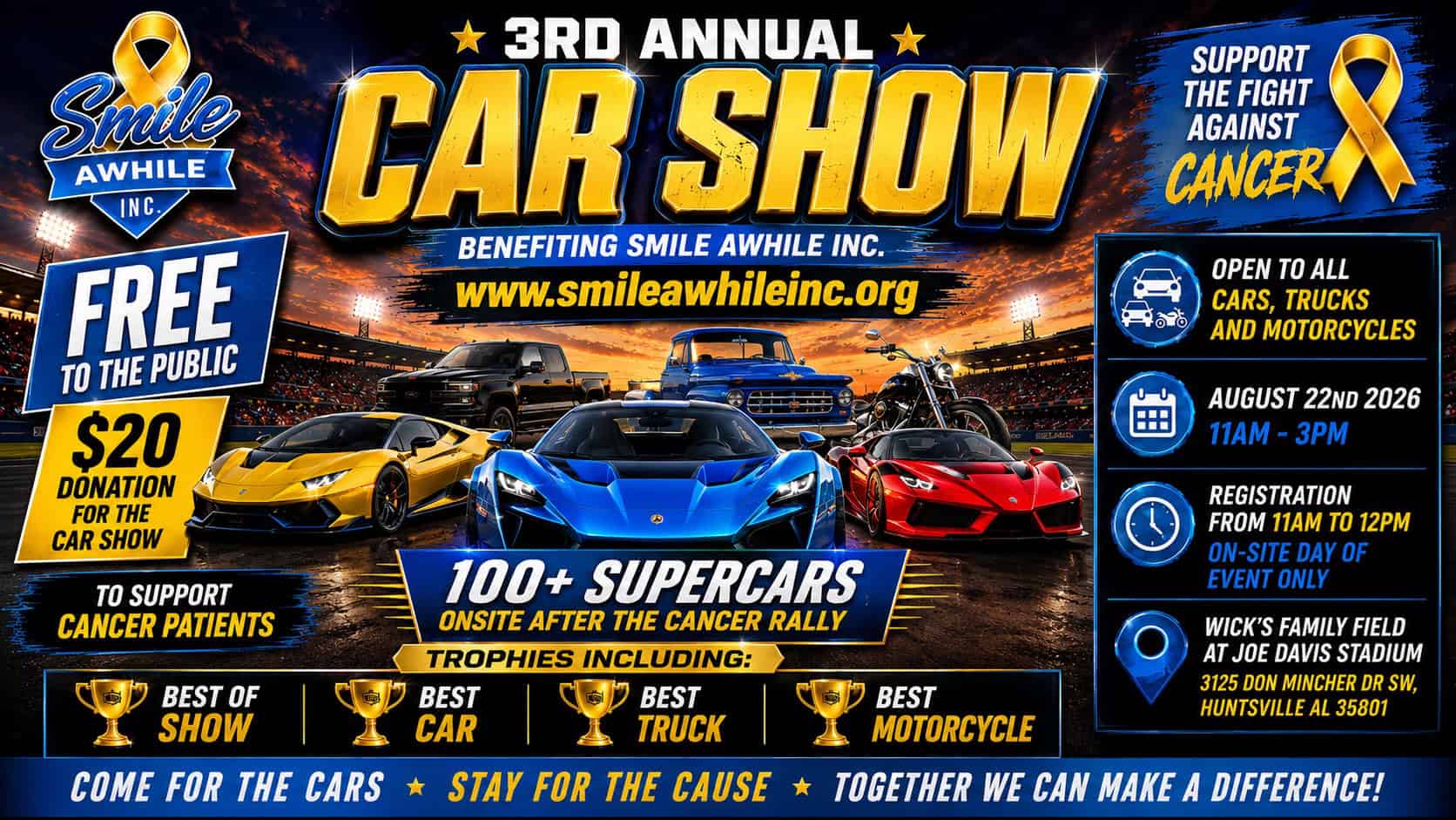 Cruisin' for Cancer Car Show event at Wick's Family Field at Joe Davis Stadium in Huntsville, AL on August 22, 2026