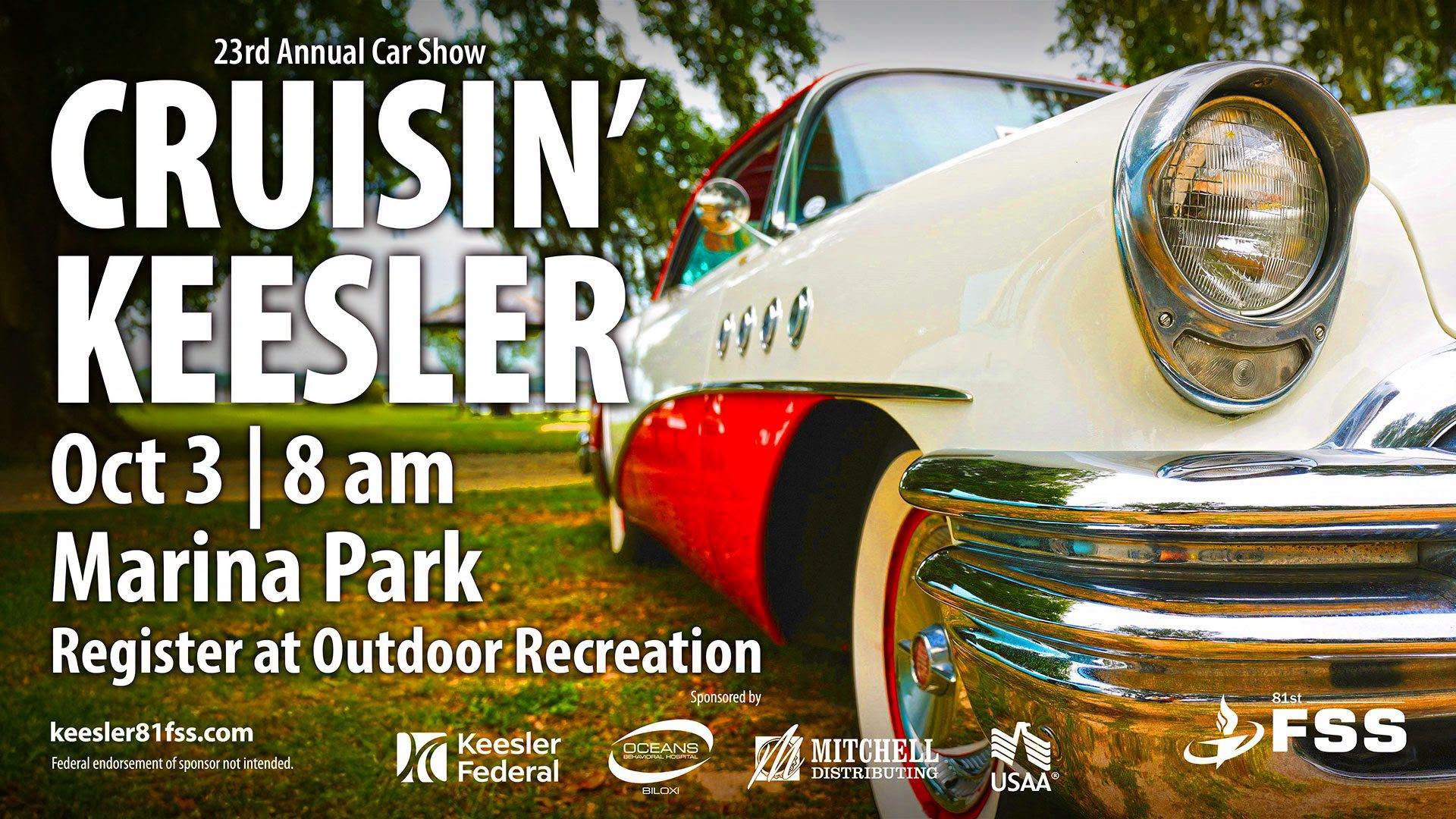 Cruisin' Keesler Car Show event at Keesler Outdoor Recreation & Marina Park in Biloxi, MS on October 3, 2026