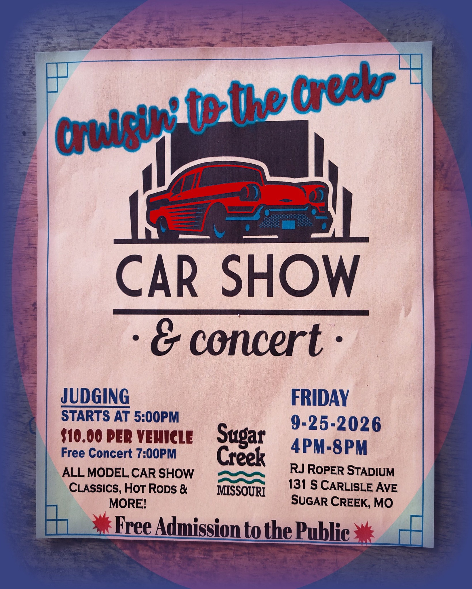 Cruisin' to the Creek Car Show & Concert event at RJ Roper Stadium in Sugar Creek, MO on September 25, 2026