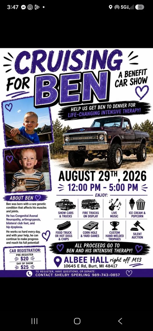 Cruising for Ben Benefit Car Show event at Albee Hall in Burt, MI on August 29, 2026