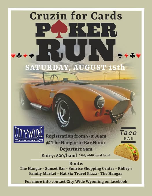 Cruzin for Cards Poker Run event at The Hangar in Bar Nunn, WY on August 15, 2026