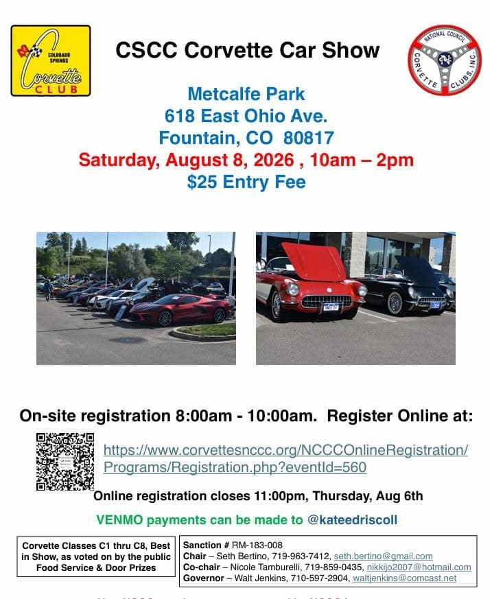 CSCC Corvette Car Show event at Metcalfe Park in Fountain, CO on August 8, 2026