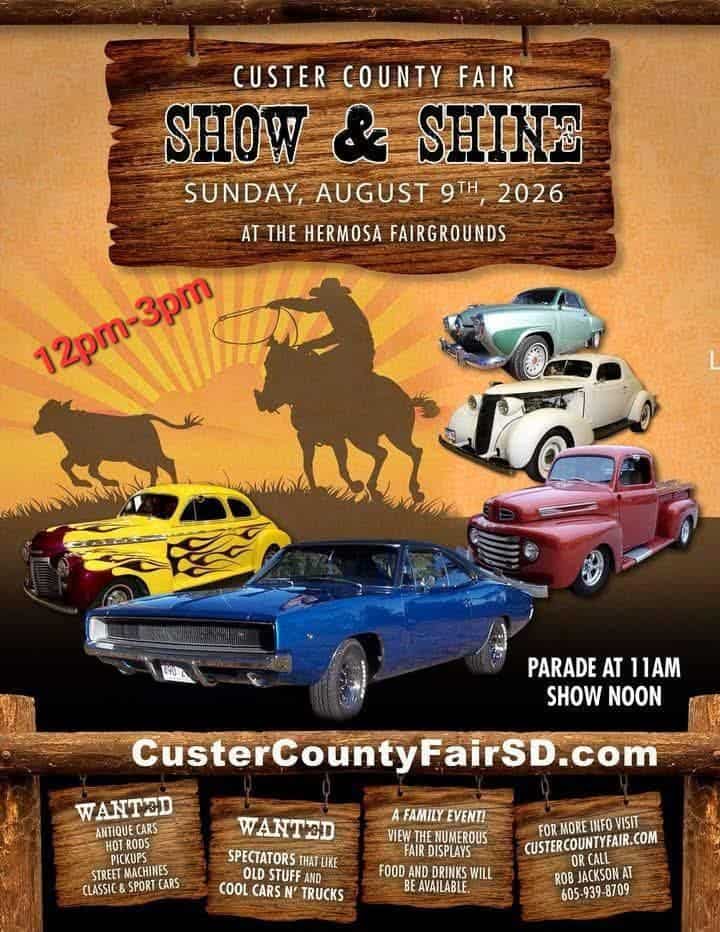 Custer County Fair Show & Shine event at Hermosa Fairgrounds in Hermosa, SD on August 9, 2026