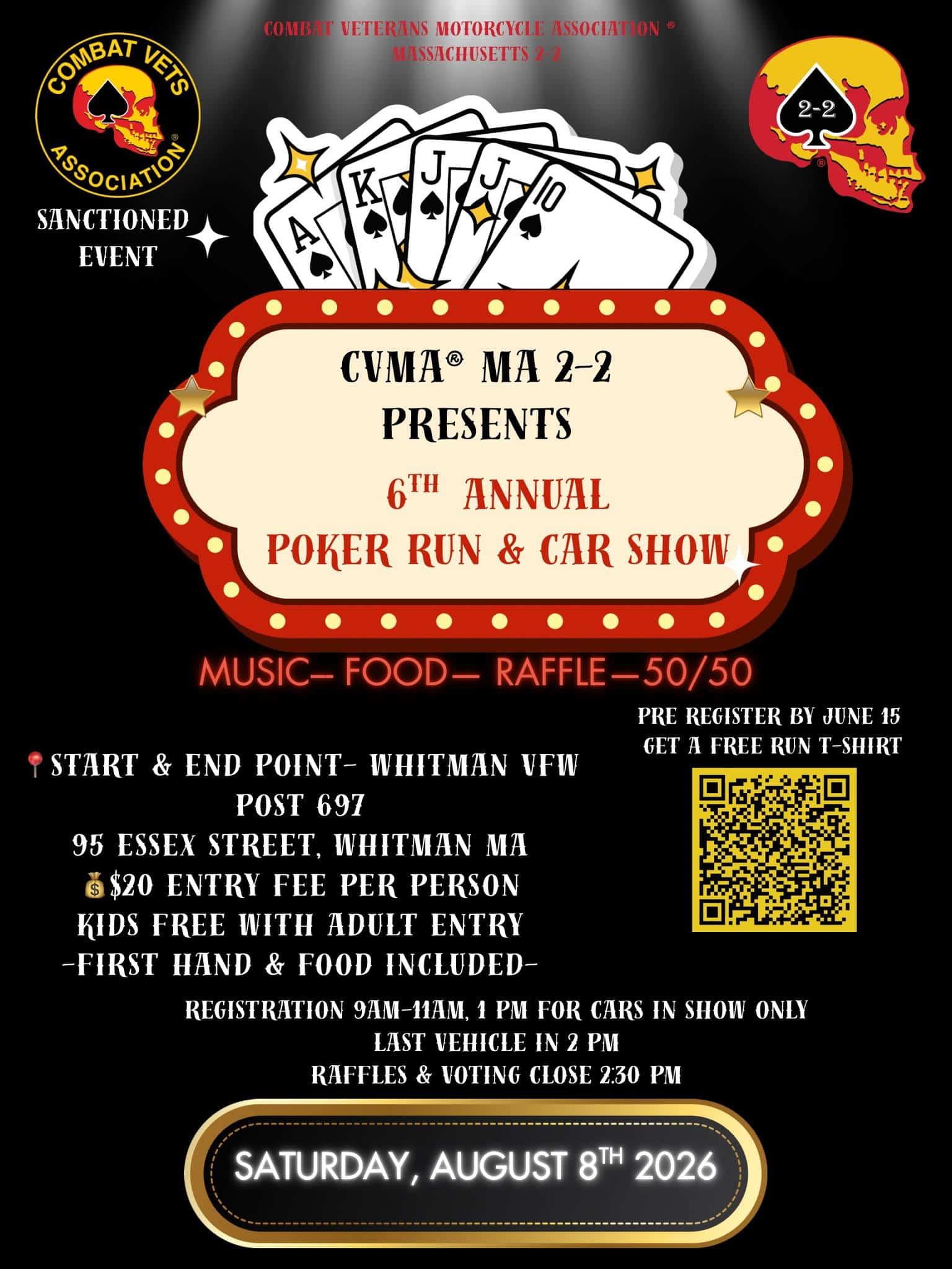 CVMA MA 2-2 6th Annual Poker Run & Car Show event at Whitman VFW Post 697 in Whitman, MA on August 8, 2026
